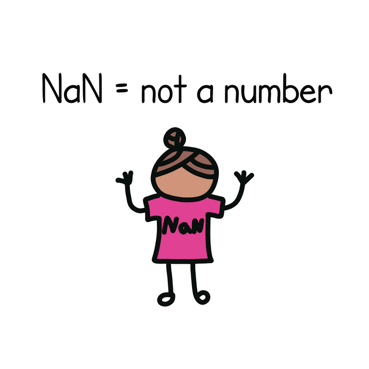 A girl wearing a pink t-shirt that has the letters N, A, N written on it.  The syntax for not a number in Javascript.