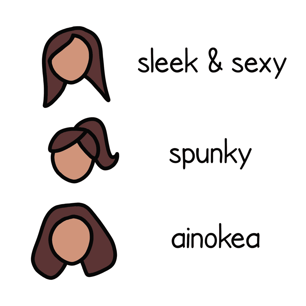 Three hair styles with descriptions next to them.  Sleek and sexy.  Spunky.  Ainokea.