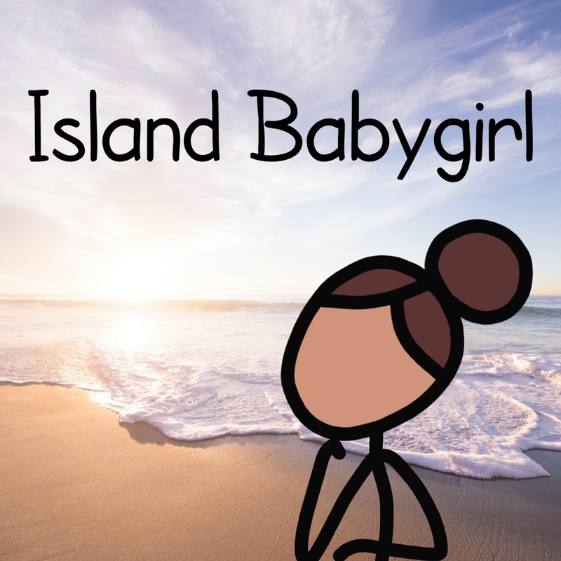 island babygirl comic figure standing in front of tropical beach sunrise