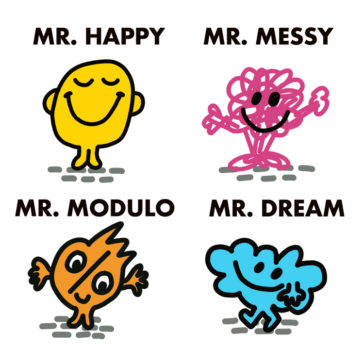 Four cartoon characters like the popular children books.  One character is called Mr. Modulo and is made up of the percent sign.