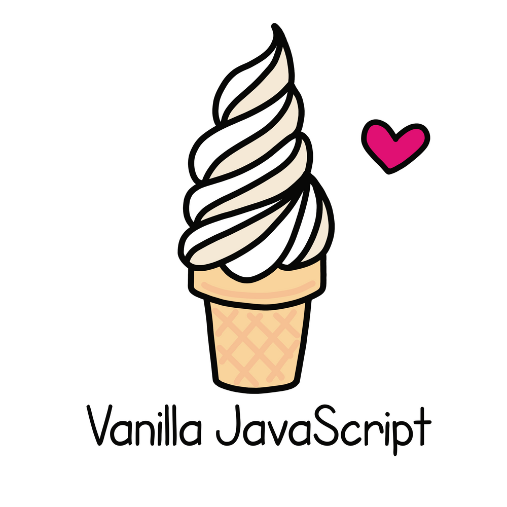 A picture of a soft serve vanilla ice cream cone with vanilla javascript written underneath.