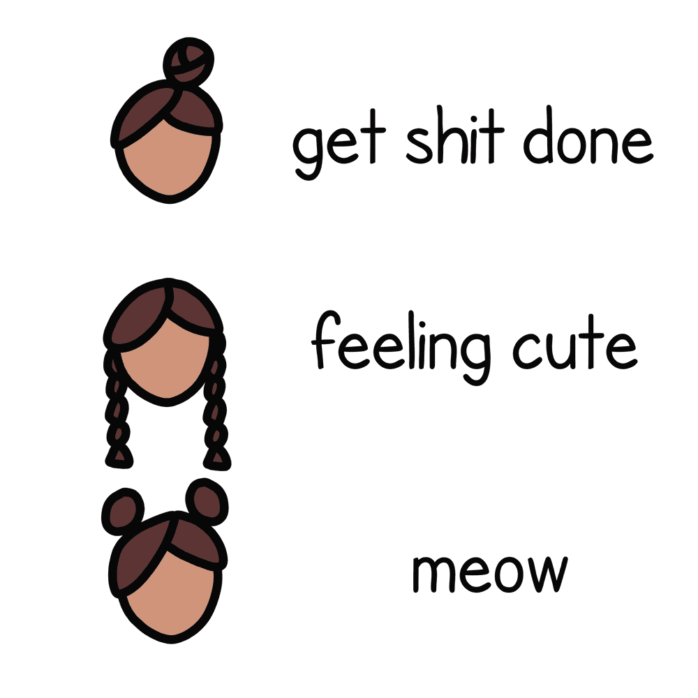 Three hair styles with descriptions next to them.  Get shit done.  Feeling cute.  Meow.