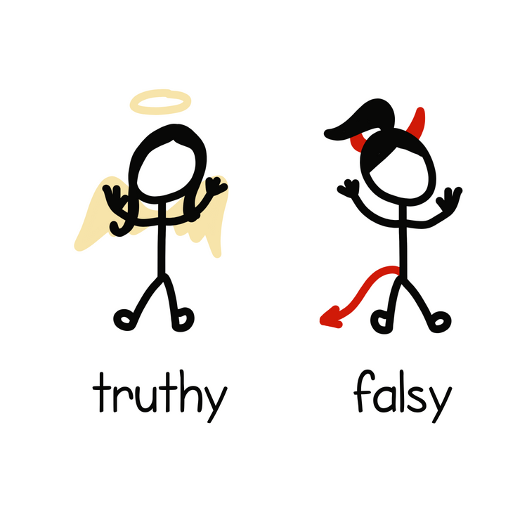 Two girls represent truthy and falsy.  One has angel wings and another has devil horns and a tail.